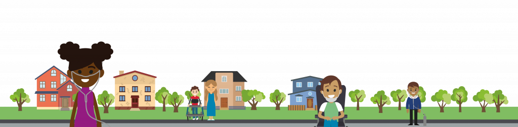 Illustration of children with complex needs in front of four illustrated houses