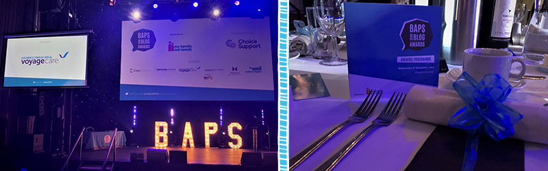 Images from the 2021 BAPs Awards.

On the left is the Children's Complex Care logo on a screen with a white background. Below is a stage with light up letters that spell BAPS. 

At the back is a big white screen with sponsor logos on.

The right image is of a table place setting. There is a Blue BAPs program in front of some forks with a black napkin and a big blue bow. 

The images are separated by a blue ladder frame in the centre.