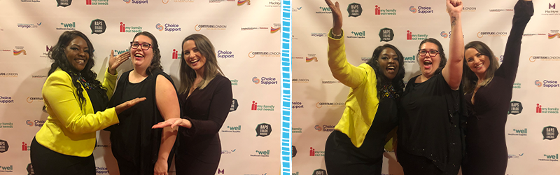 Yvonne in yellow (left), Kerry-Ann in black (centre) and Gemma in black (right) at the 2021 BAPs awards.

White background with logos on. 

Two images. One on left is of the three ladies smiling ass Yvonne and Gemma gesture to Kerry-Ann. 

One on right is all three cheering with arms in the air.

A blue ladder frame down the centre separates the two images.