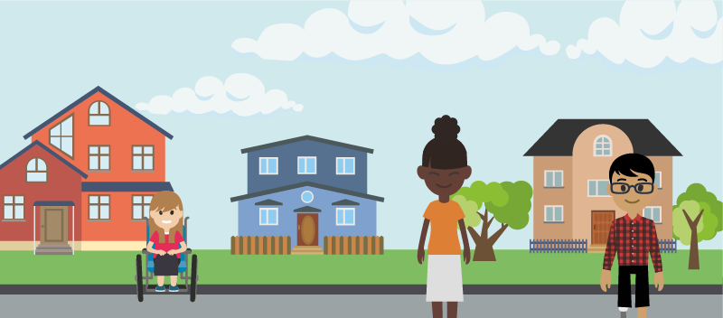 Illustration of a landscape containing three houses and trees in the background. There are clouds in the sky. In front of the houses are three people. One in a wheelchair on the left,  One in the centre with autism, and one on the right with a physical need.