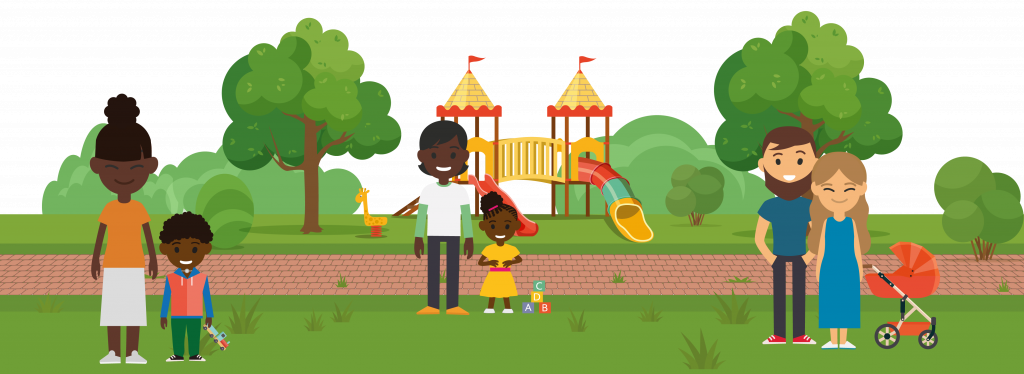 Illustrated park background with climbing set and parents with children scattered around. 

Front left is a mum with her little boy who has a tracheostomy on his neck who is holding a train.

In the centre is a dad with his little girl who has lettered blocks next to her.

On the right is a mum and dad standing next to a pram.