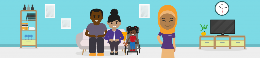 An illustration of two parents sitting on a sofa in a living room. Next to them on the right is a young girl with pig tails sitting in a wheelchair holding a teddy bear. There is a healthcare assistant in the foreground on the right wearing a purple Children's Complex Care top.