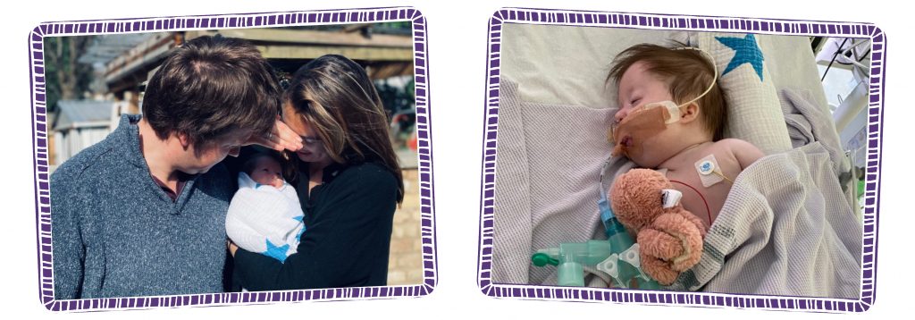 Two images, next to each other, each surrounded by a purple ladder frame. On the left is a picture of the family. Charlie (left) Cleo (Centre) and Jess (right). Cleo is cradled by Jess who holds her hand over her eyes to cover the sun. On the right image, Cleo is in a hospital bed with oxygen tubes taped to her nose and mouth. She has a teddy with her.