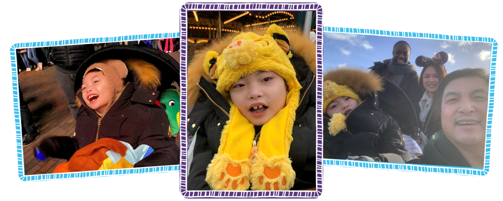 Three images of Hao Lin at Disney Land. Left one of him smiling, another of him in a Lion King hat and another with him mum, dad and HealthCare Assistant Brittany